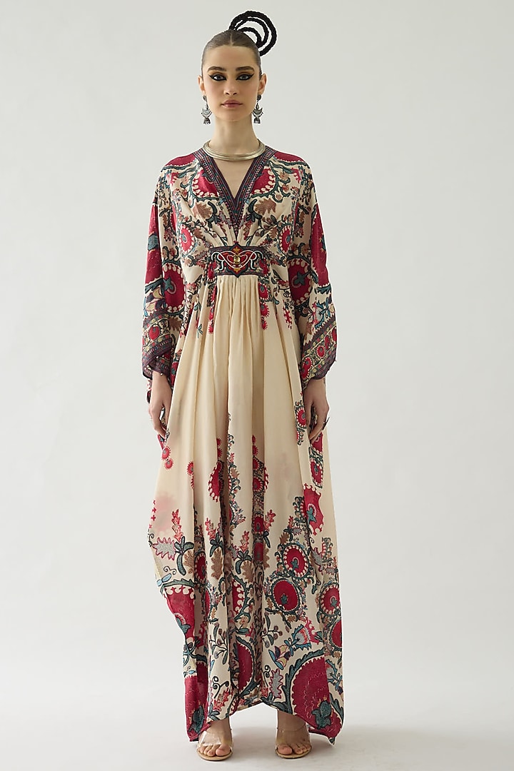 Maroon Silk Printed Kaftan by Rajdeep Ranawat at Pernia's Pop Up Shop