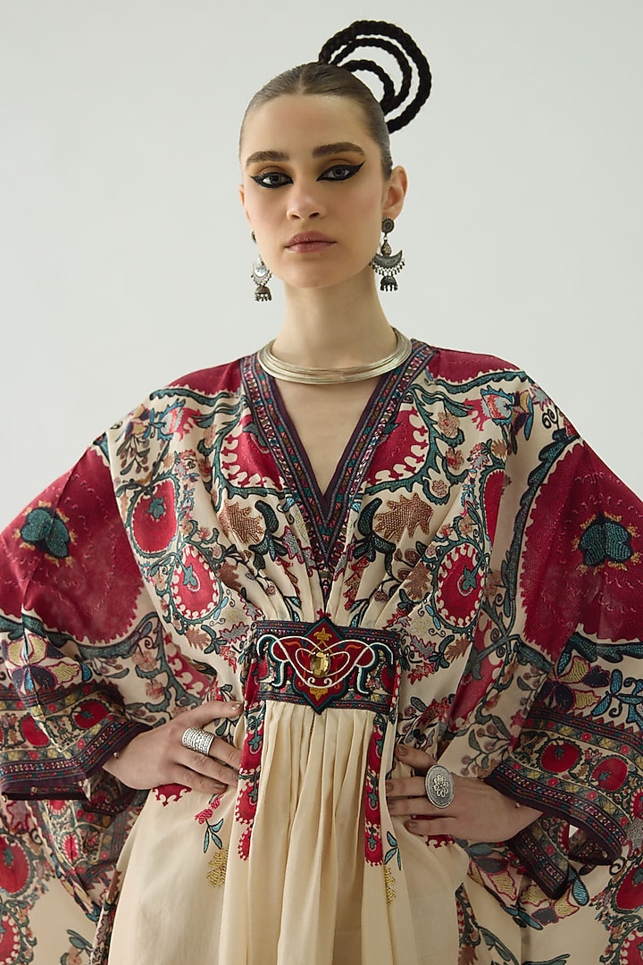 Maroon Silk Printed Kaftan by Rajdeep Ranawat at Pernia's Pop Up Shop