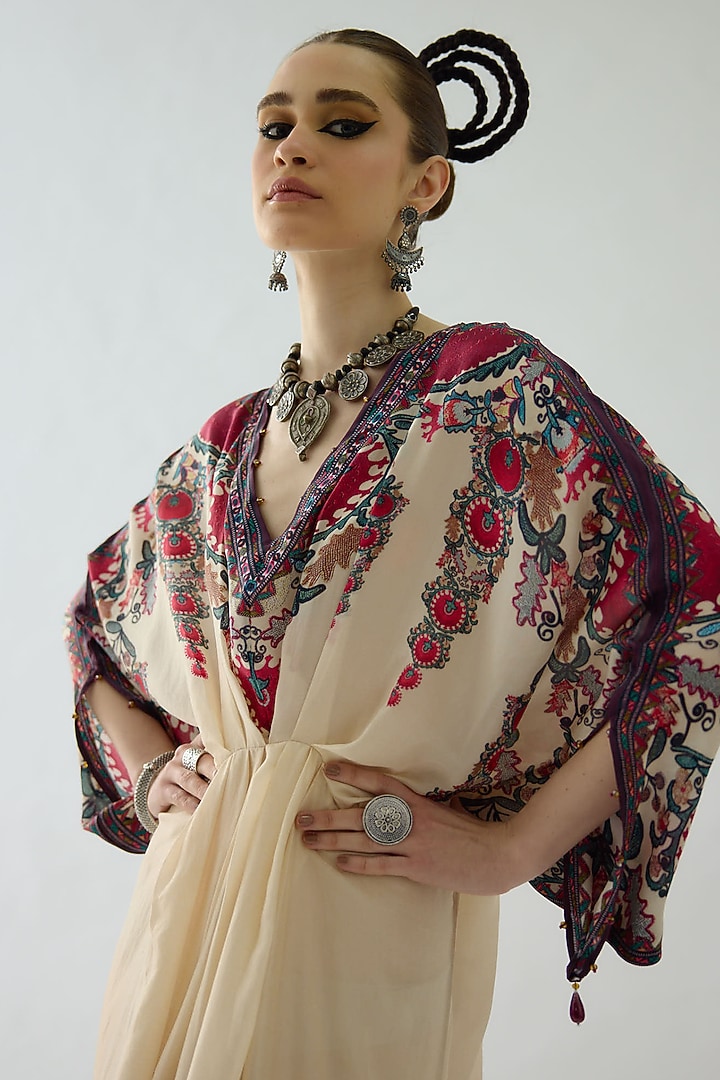 Maroon Silk Printed Kaftan by Rajdeep Ranawat at Pernia's Pop Up Shop