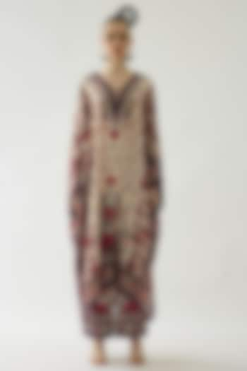 Maroon Silk Printed Block Kaftan by Rajdeep Ranawat at Pernia's Pop Up Shop