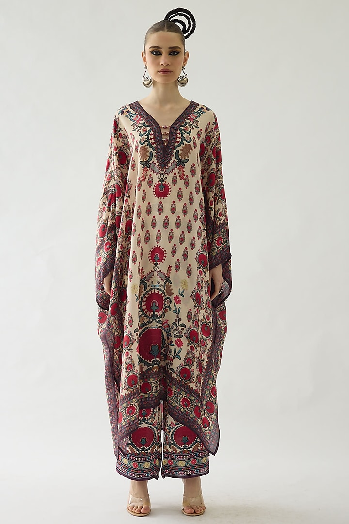 Maroon Silk Printed Block Kaftan by Rajdeep Ranawat at Pernia's Pop Up Shop