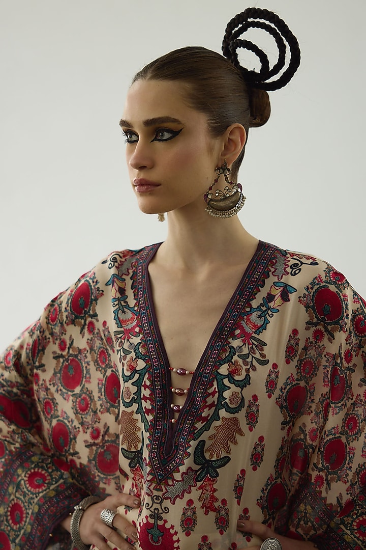 Maroon Silk Printed Block Kaftan by Rajdeep Ranawat at Pernia's Pop Up Shop
