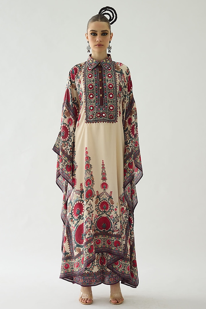 Maroon Silk Printed Kaftan by Rajdeep Ranawat at Pernia's Pop Up Shop