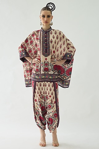 Maroon Modal Satin Printed Dhoti Pants by Rajdeep Ranawat