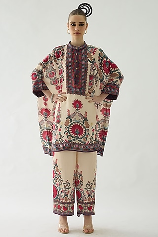 Maroon Modal Satin Printed Pants by Rajdeep Ranawat