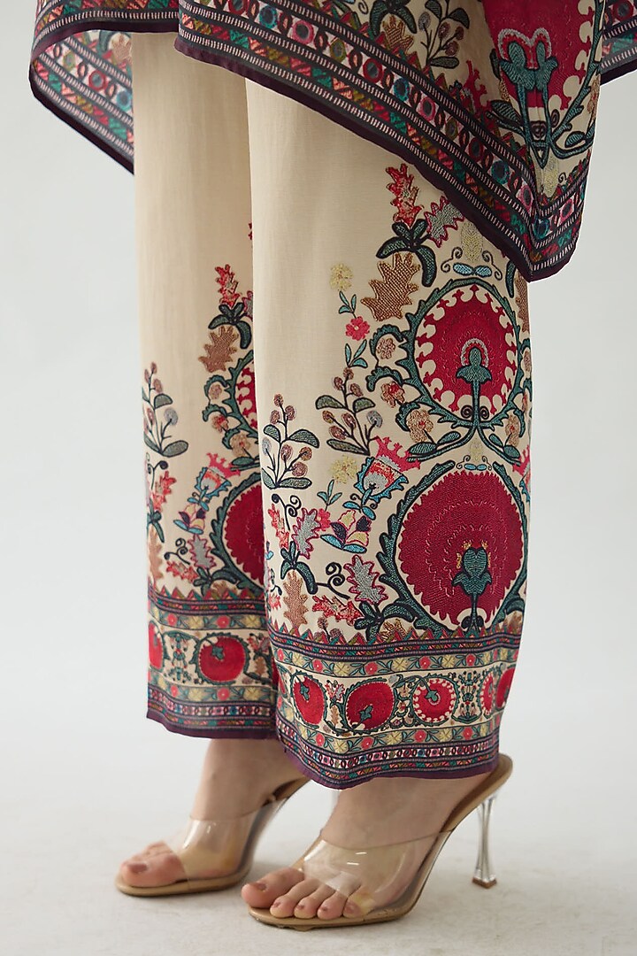 Maroon Modal Satin Printed Pants by Rajdeep Ranawat at Pernia's Pop Up Shop