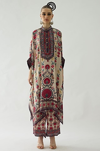 Maroon Modal Satin Printed Pants by Rajdeep Ranawat