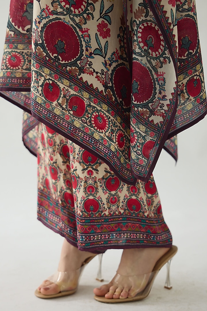 Maroon Modal Satin Printed Pants by Rajdeep Ranawat at Pernia's Pop Up Shop