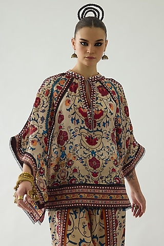 Taupe Silk Printed Poncho by Rajdeep Ranawat