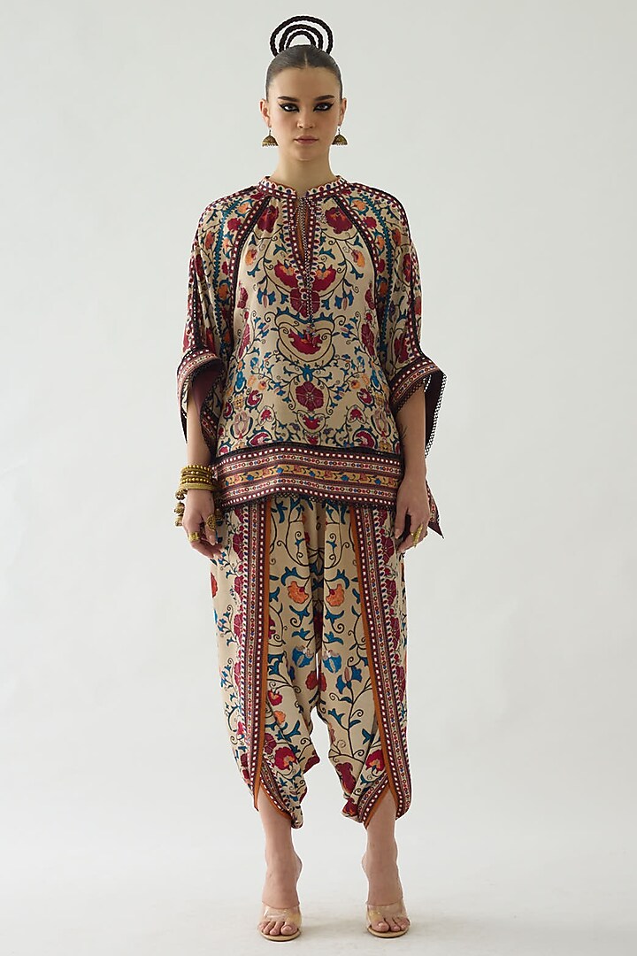 Taupe Silk Printed Poncho by Rajdeep Ranawat at Pernia's Pop Up Shop