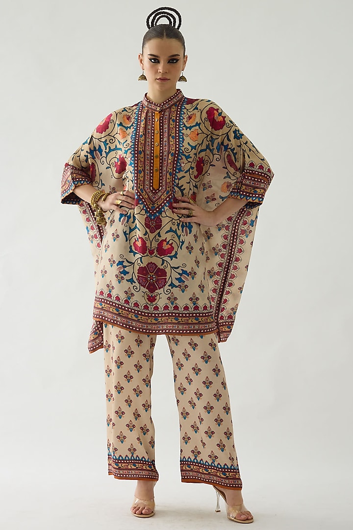 Taupe Silk Printed Tunic by Rajdeep Ranawat