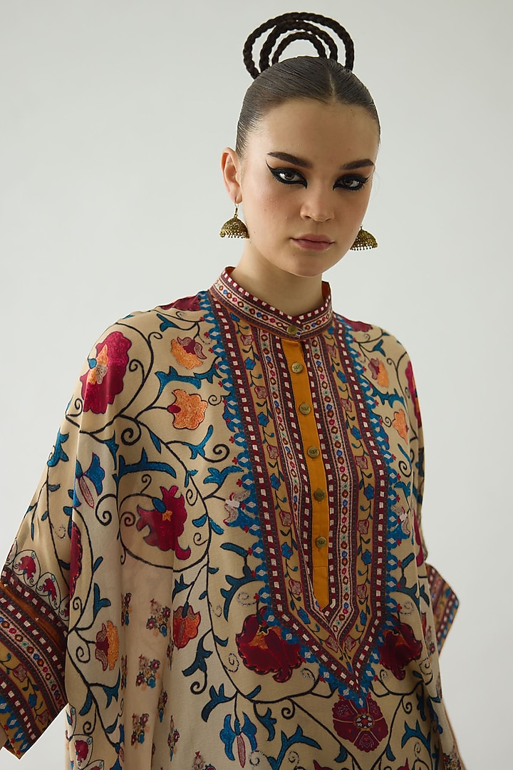 Taupe Silk Printed Tunic by Rajdeep Ranawat at Pernia's Pop Up Shop