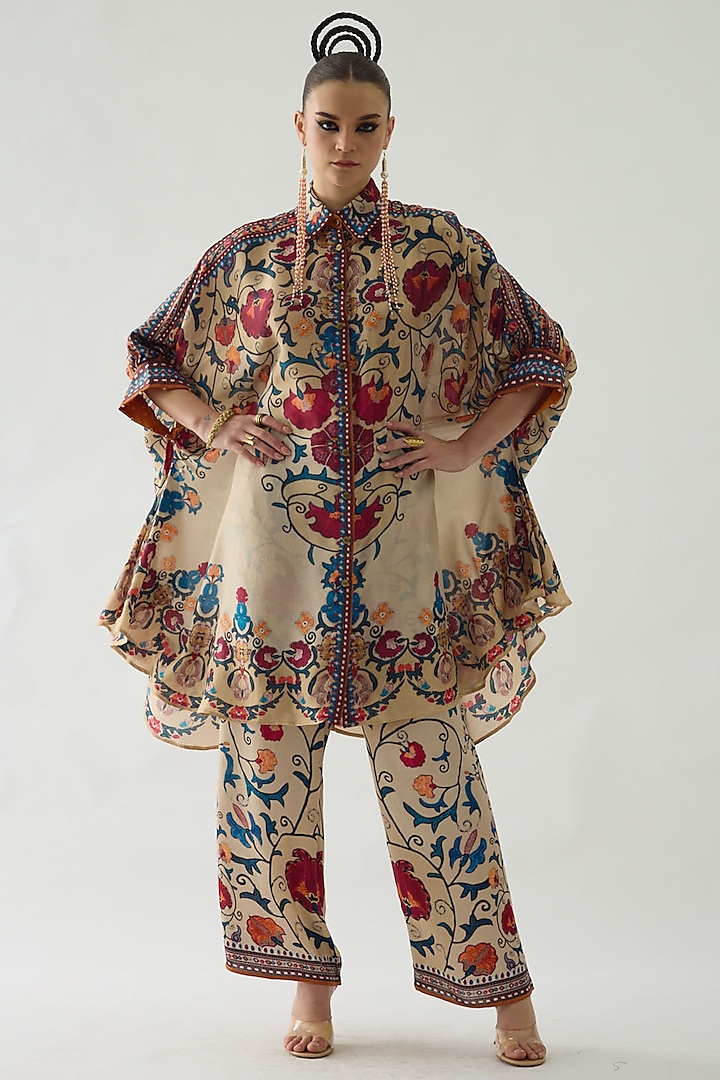 Taupe Silk Printed Shirt by Rajdeep Ranawat