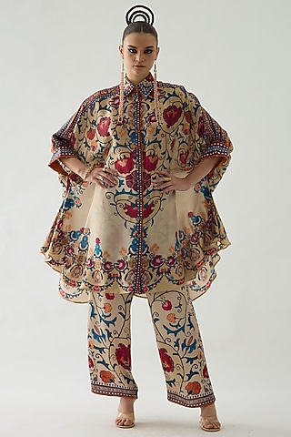 Taupe Silk Printed Shirt by Rajdeep Ranawat