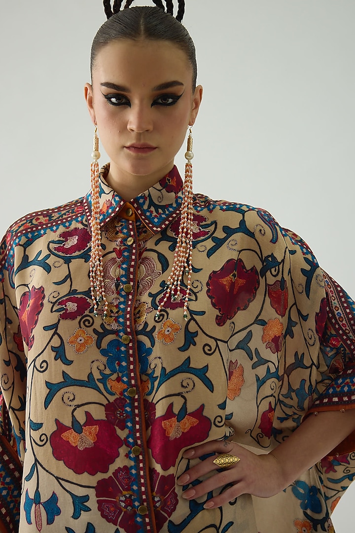 Taupe Silk Printed Shirt by Rajdeep Ranawat at Pernia's Pop Up Shop
