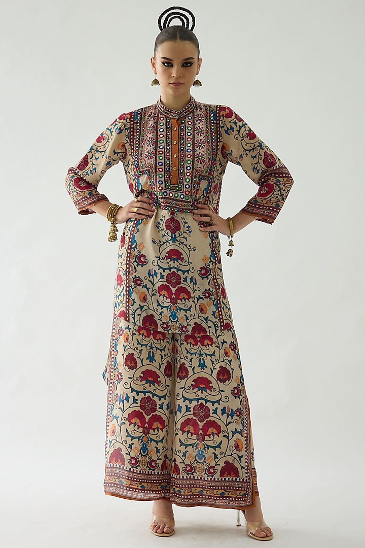 Taupe Silk Printed High-Low Tunic by Rajdeep Ranawat