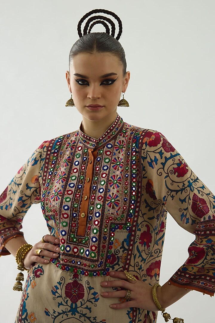 Taupe Silk Printed High-Low Tunic by Rajdeep Ranawat at Pernia's Pop Up Shop