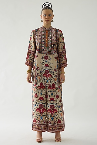 Taupe Silk Printed Layered Pants by Rajdeep Ranawat