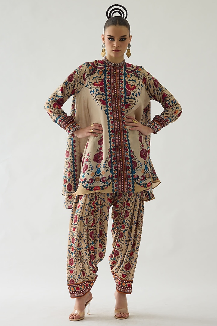 Taupe Silk Printed Tunic by Rajdeep Ranawat