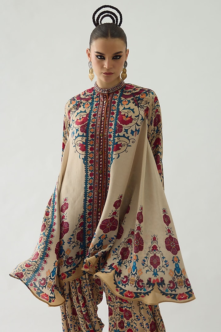Taupe Silk Printed Tunic by Rajdeep Ranawat at Pernia's Pop Up Shop