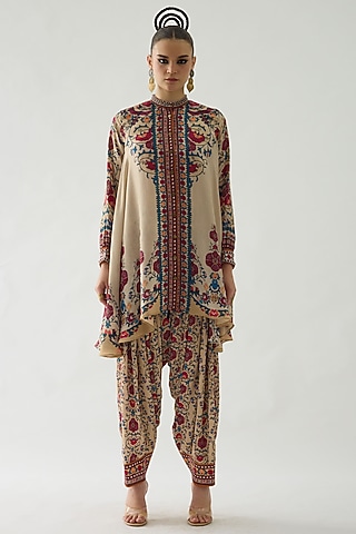 Taupe Modal Satin Printed Salwar Pants by Rajdeep Ranawat