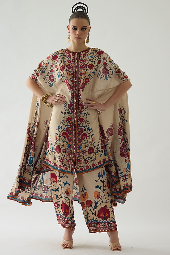 Taupe Silk Printed Front Cape by Rajdeep Ranawat