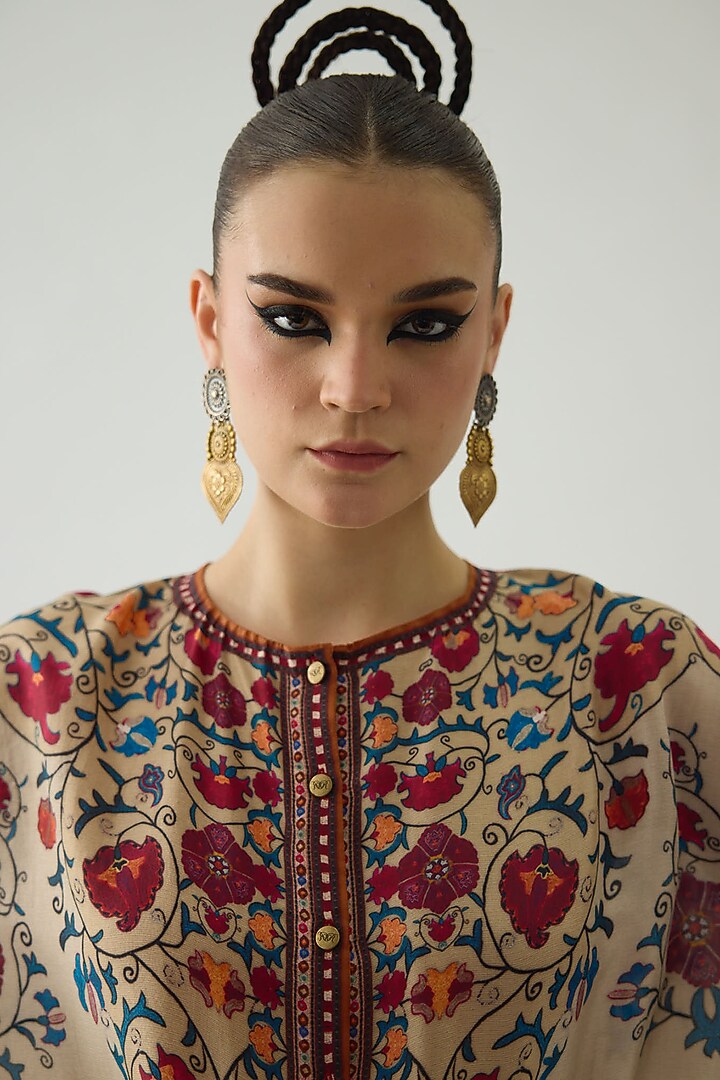 Taupe Silk Printed Front Cape by Rajdeep Ranawat at Pernia's Pop Up Shop