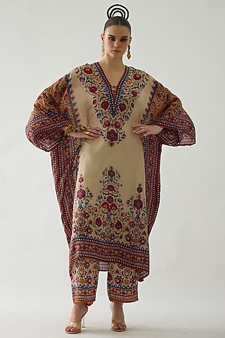 Taupe Silk Printed Block Kaftan by Rajdeep Ranawat