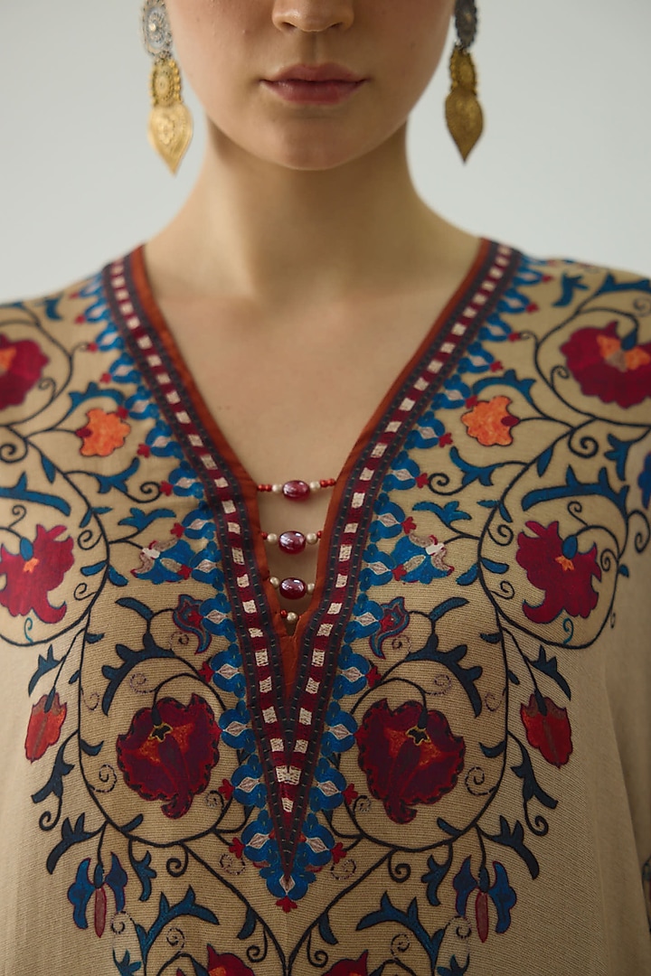 Taupe Silk Printed Block Kaftan by Rajdeep Ranawat at Pernia's Pop Up Shop