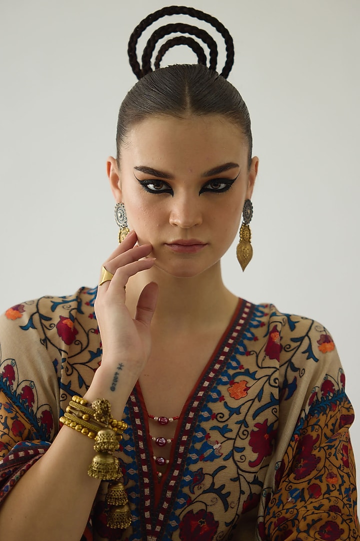 Taupe Silk Printed Block Kaftan by Rajdeep Ranawat at Pernia's Pop Up Shop