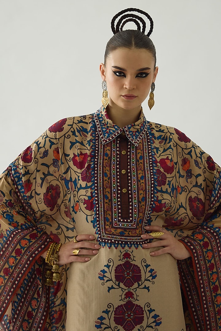 Taupe Silk Printed Kaftan by Rajdeep Ranawat at Pernia's Pop Up Shop