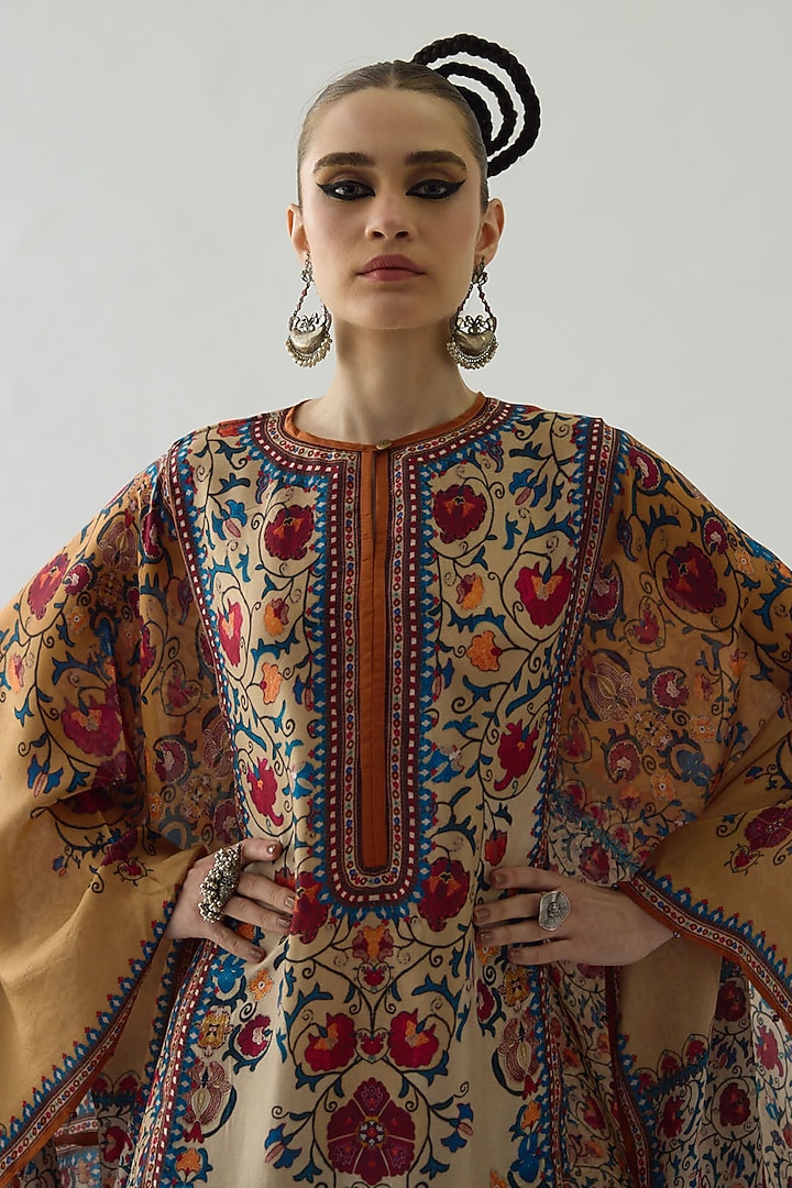 Taupe Silk Printed Kaftan by Rajdeep Ranawat at Pernia's Pop Up Shop