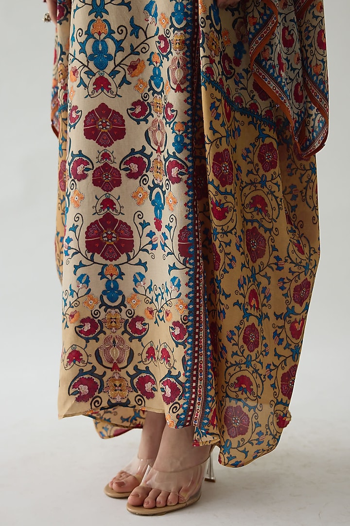 Taupe Silk Printed Kaftan by Rajdeep Ranawat at Pernia's Pop Up Shop