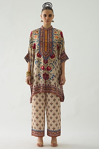 Taupe Modal Satin Printed Pants by Rajdeep Ranawat