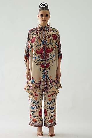 Taupe Modal Satin Printed Pants by Rajdeep Ranawat