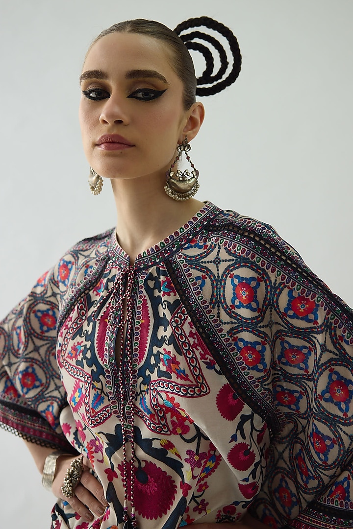 Raspberry Silk Printed Poncho by Rajdeep Ranawat at Pernia's Pop Up Shop