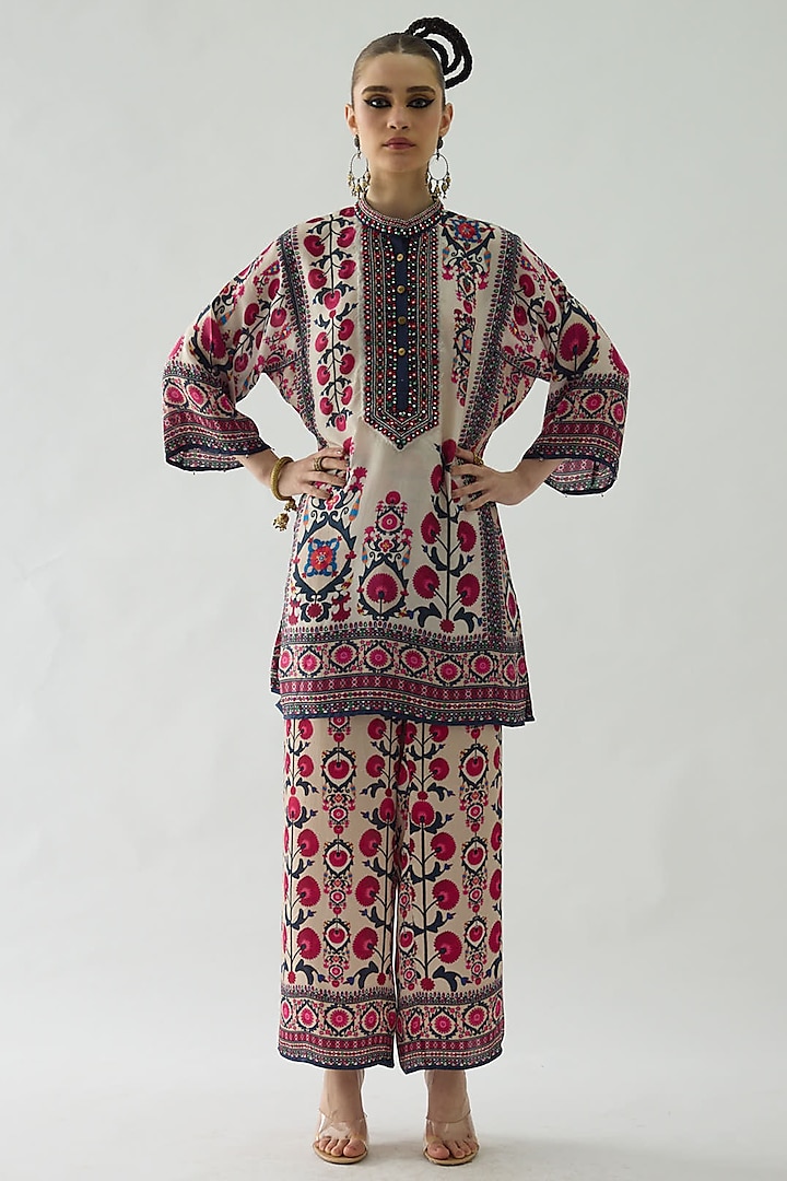 Raspberry Silk Printed Tunic by Rajdeep Ranawat