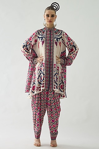 Raspberry Silk Printed Tunic by Rajdeep Ranawat