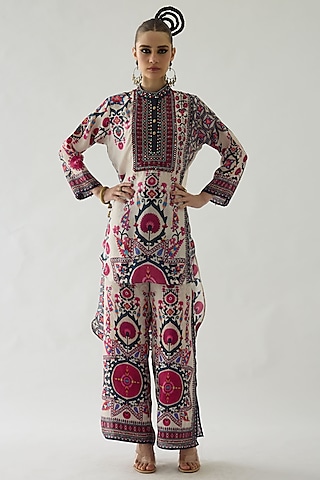 Raspberry Silk Printed Tunic by Rajdeep Ranawat