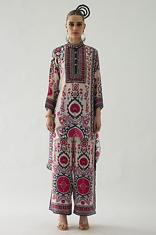 Raspberry Silk Printed Layered Pants by Rajdeep Ranawat