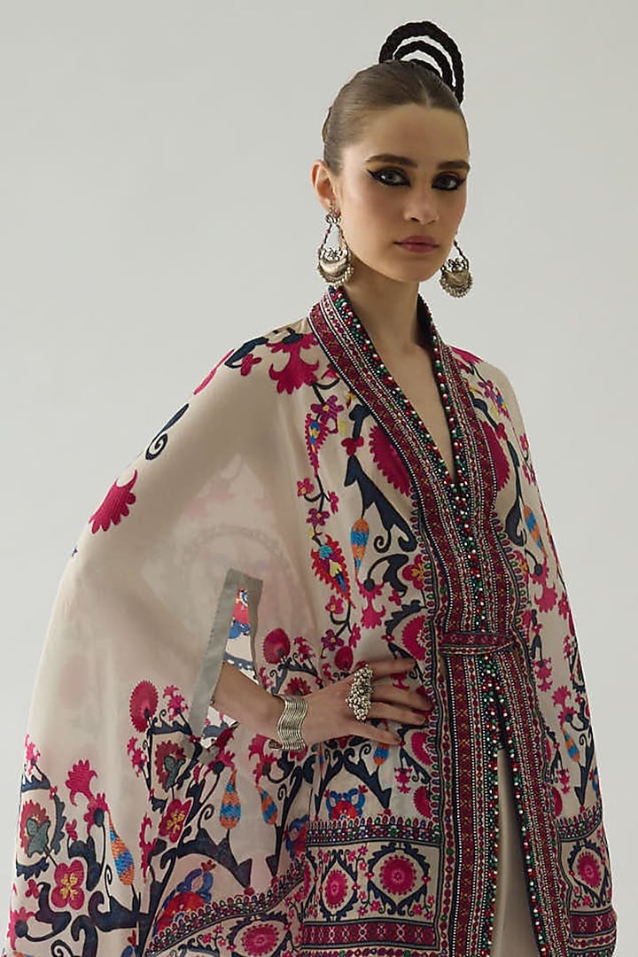Raspberry Silk Printed Front Cape by Rajdeep Ranawat at Pernia's Pop Up Shop
