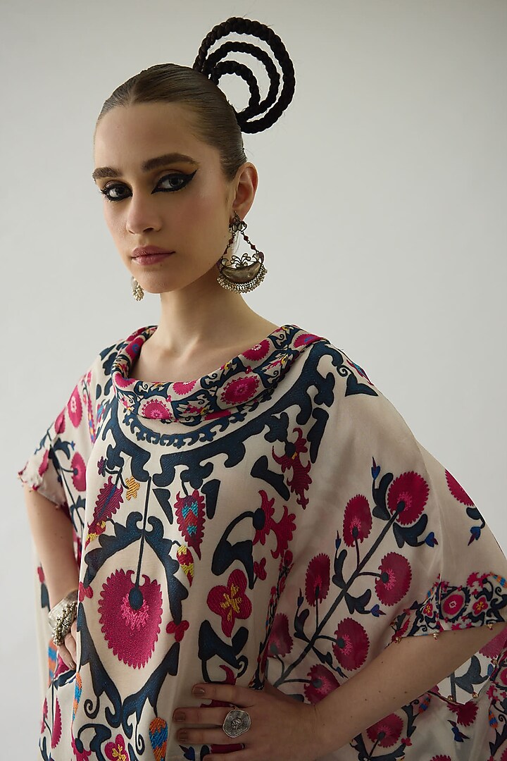 Raspberry Silk Printed Draped Cowl Tunic by Rajdeep Ranawat at Pernia's Pop Up Shop
