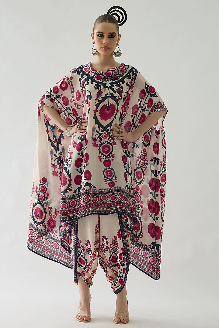 Raspberry Silk Printed Draped Cowl Tunic by Rajdeep Ranawat at Pernia's Pop Up Shop