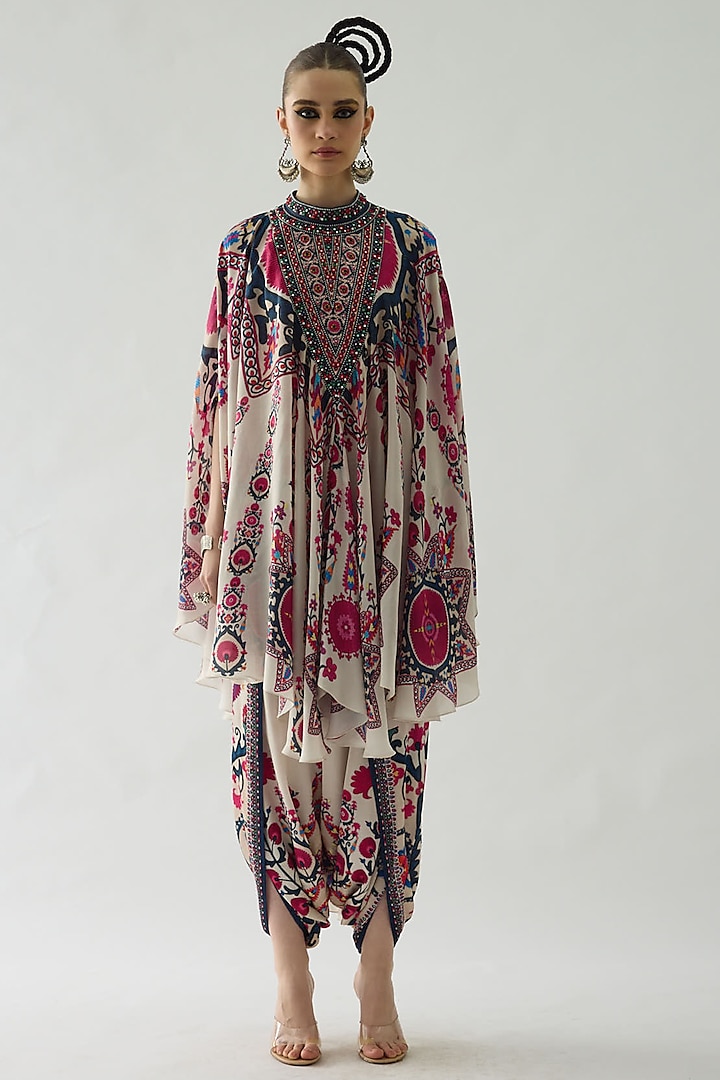 Raspberry Silk Printed Draped Circular Dress by Rajdeep Ranawat