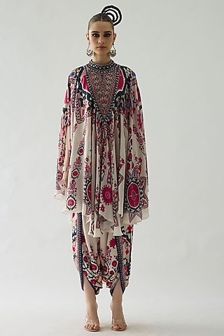 Raspberry Silk Printed Draped Circular Dress by Rajdeep Ranawat
