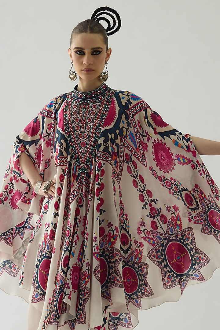 Raspberry Silk Printed Draped Circular Vacation Dress by Rajdeep Ranawat at Pernia's Pop Up Shop
