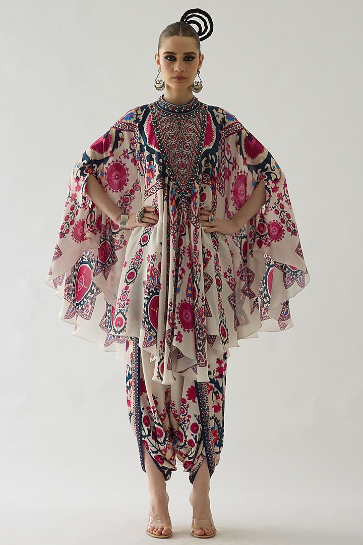 Raspberry Silk Printed Draped Circular Vacation Dress by Rajdeep Ranawat at Pernia's Pop Up Shop
