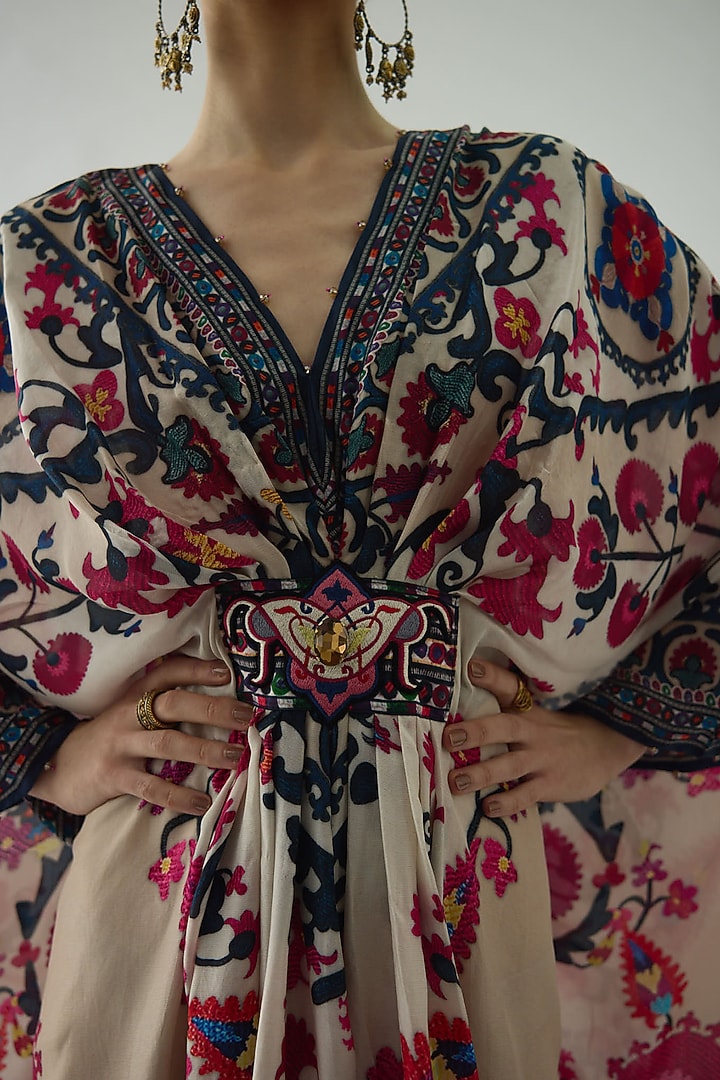 Raspberry Silk Printed Kaftan by Rajdeep Ranawat at Pernia's Pop Up Shop