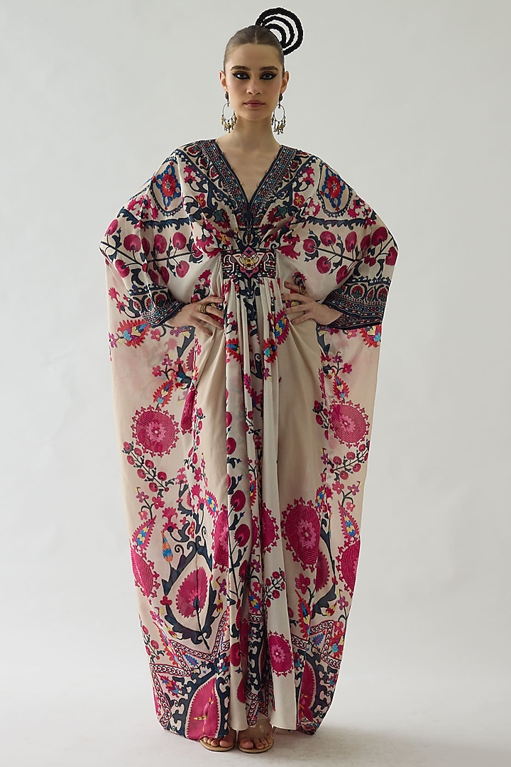 Raspberry Silk Printed Kaftan by Rajdeep Ranawat at Pernia's Pop Up Shop