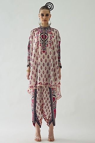 Raspberry Modal Satin Printed Dhoti Pants by Rajdeep Ranawat